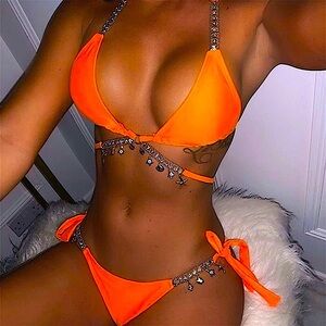 Orange crystal chain bikini set